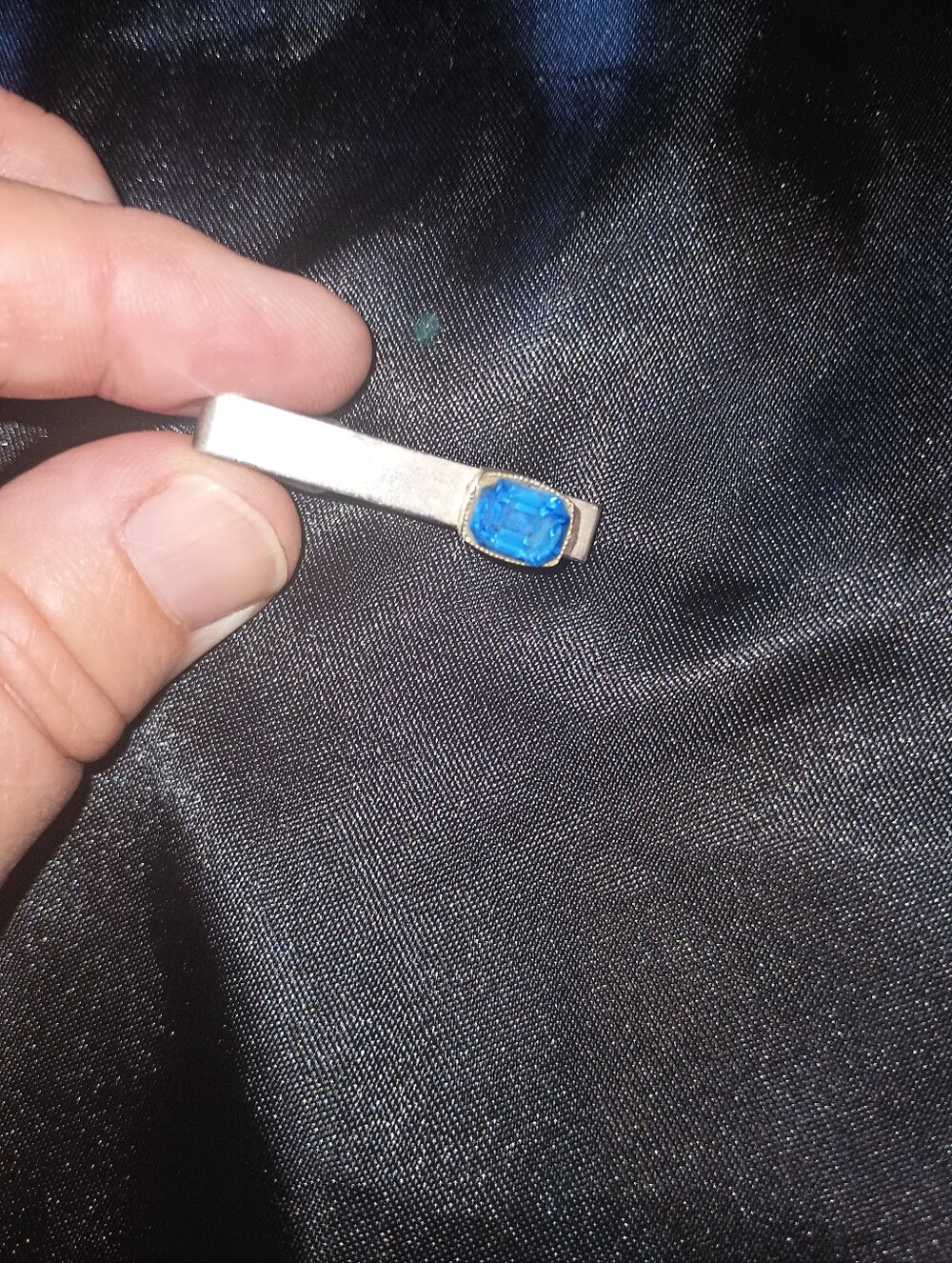 Vintage Silver Tone Tie Bar/Clip With Blue Stone